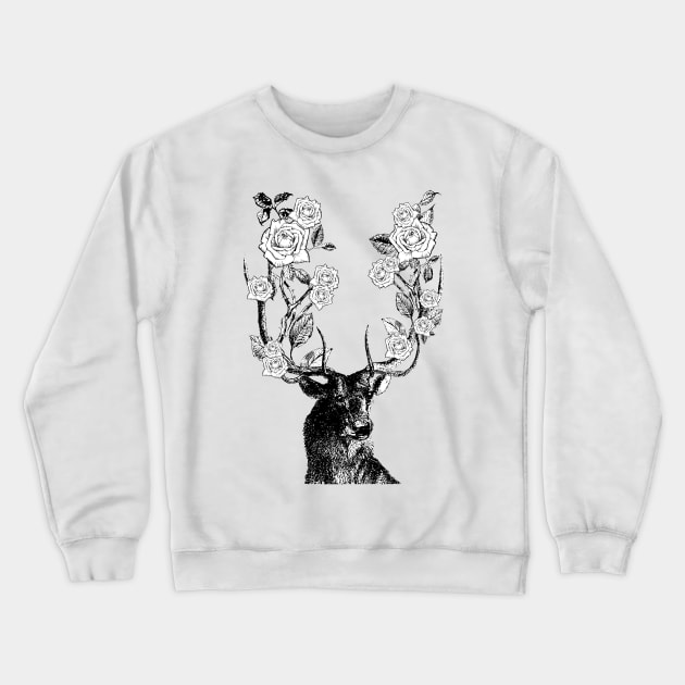 Stag and Roses | Stag and Flowers | Black and White | Crewneck Sweatshirt by Eclectic At Heart